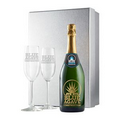 Etched Champagne with 1 Color Fill, Custom Neck Label, 2 Etched Flutes in a Silver Gift Box